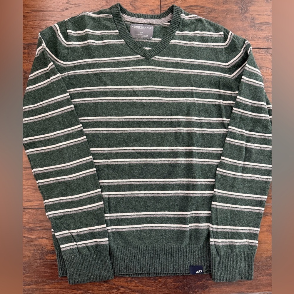 Aeropostale Green and White Striped V-Neck Sweater